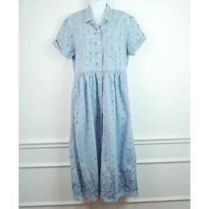 Vintage 90s Button Front Shirt Dress Floral Prairie Cottagecore Midi Chambray L